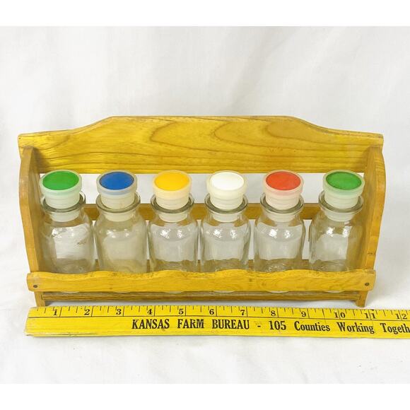 Vintage Norleans Yellow Wooden Spice Rack w Jars Bottles & Labels - Japan - Picture 7 of 8